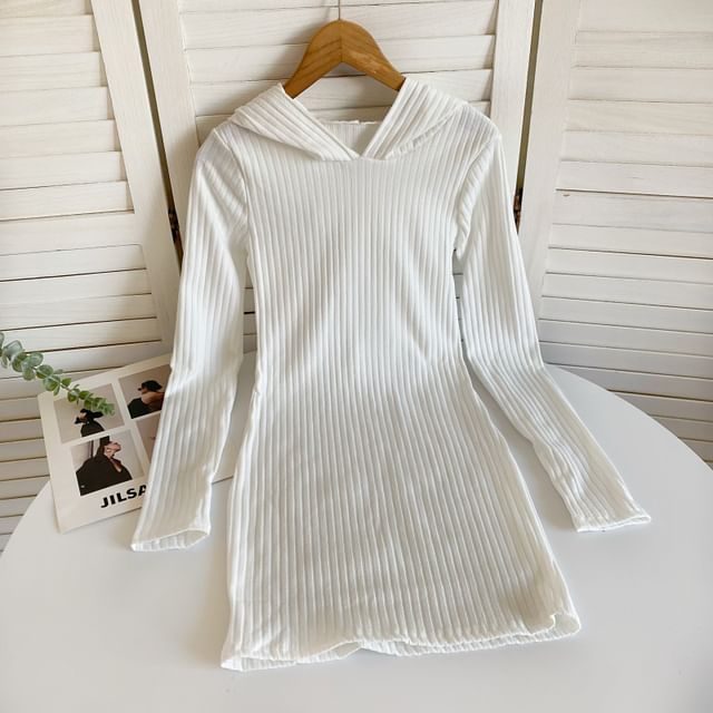 Long-Sleeve Plain Hooded Knit Sheath Dress