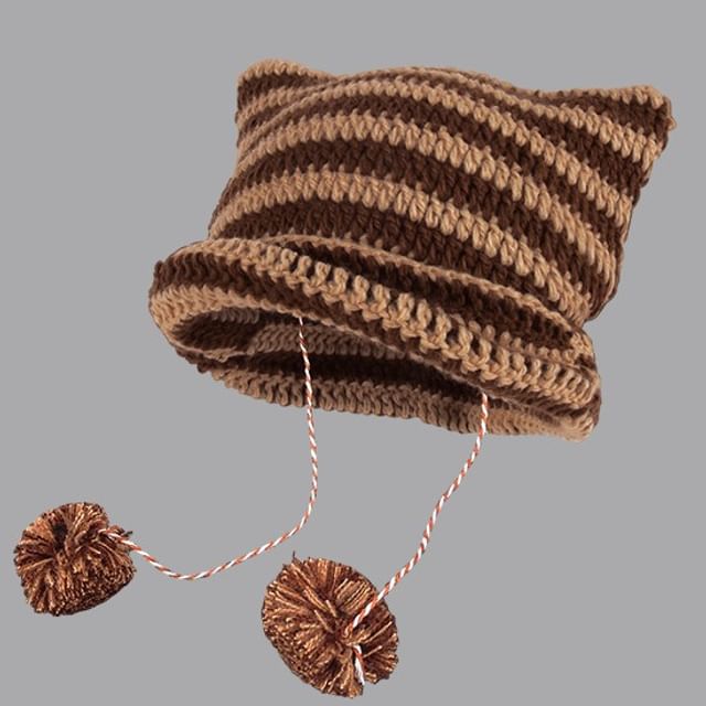 Devil Ear Striped Pom Pom Knit Beanie