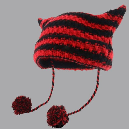 Devil Ear Striped Pom Pom Knit Beanie