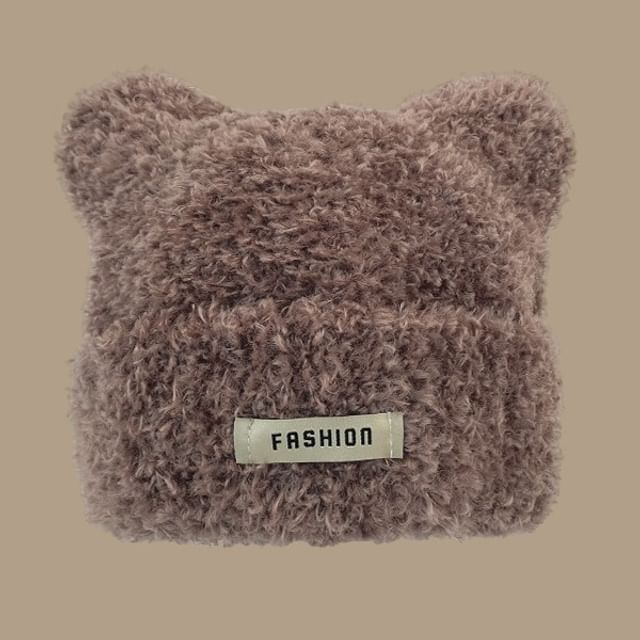 Lettering Applique Cat Ear Chenille Beanie