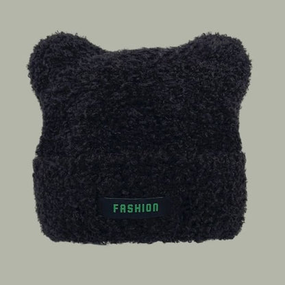 Lettering Applique Cat Ear Chenille Beanie