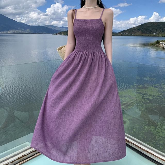 Dress Midi A-Line Spaghetti Strap Plain