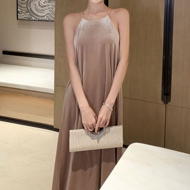 Dress Velvet A-Line Neck Maxi Halter