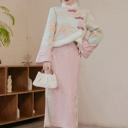 Stand Collar Floral Patterned Fluffy Panel Jacquard Frog Closure Jacket / High Waist Slit Midi A