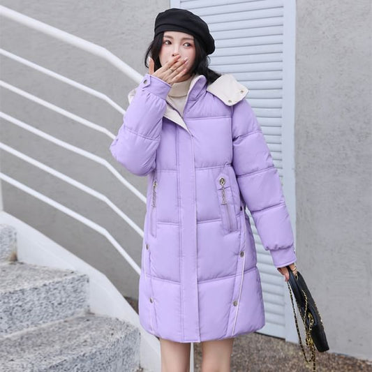 Hooded Two Tone Plain Puffer Coat