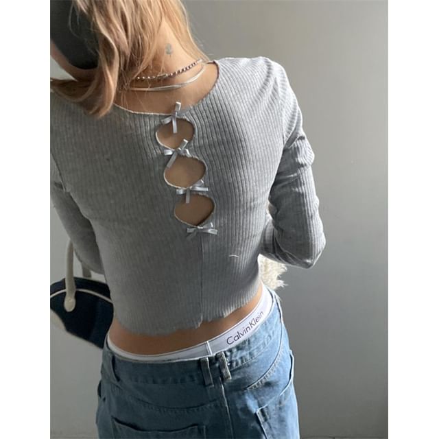 Long-Sleeve Crew Neck Bow Cutout Knit Top