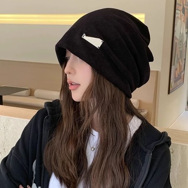 Knit Metal Plate Slouchy Beanie