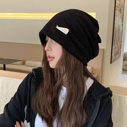 Knit Metal Plate Slouchy Beanie