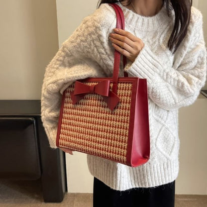 Bow Panel Tweed Tote Bag