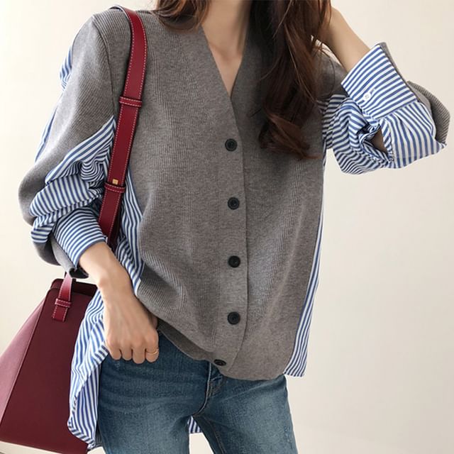 V-Neck Striped Panel Cardigan