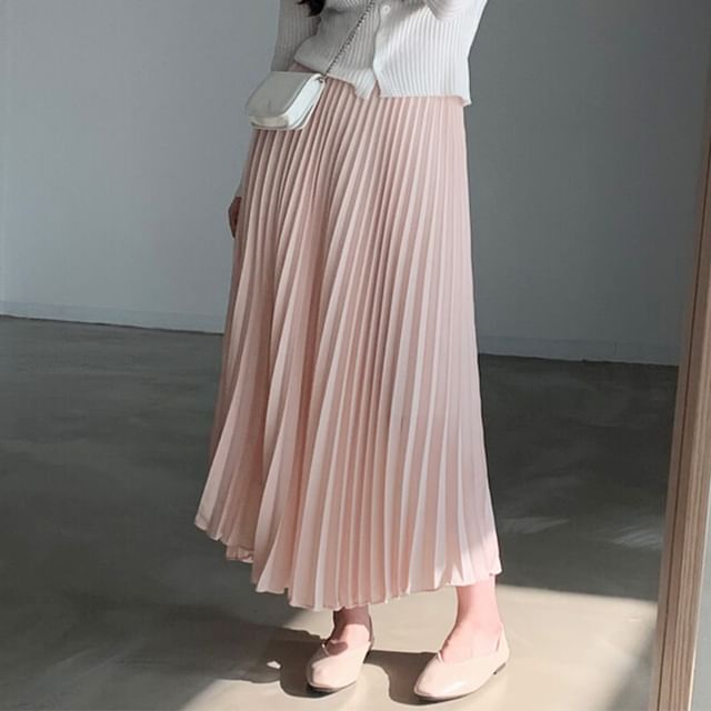 Elastic Waist Plain Accordion Pleated Midi A-Line Skirt