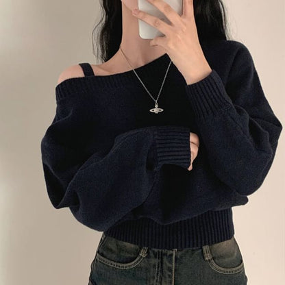 Asymmetrical Neck Cold-Shoulder Sweater