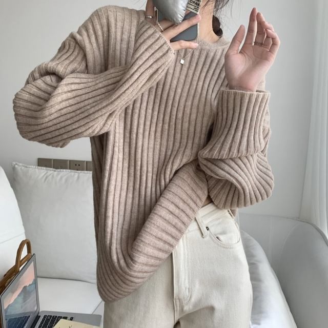 Crew Neck Plain Ribbed Sweater
