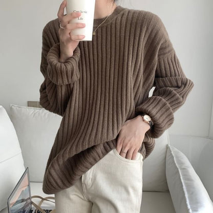 Crew Neck Plain Ribbed Sweater