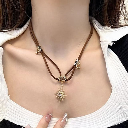 Rhinestone Leather Pendant Faux Sun Necklace