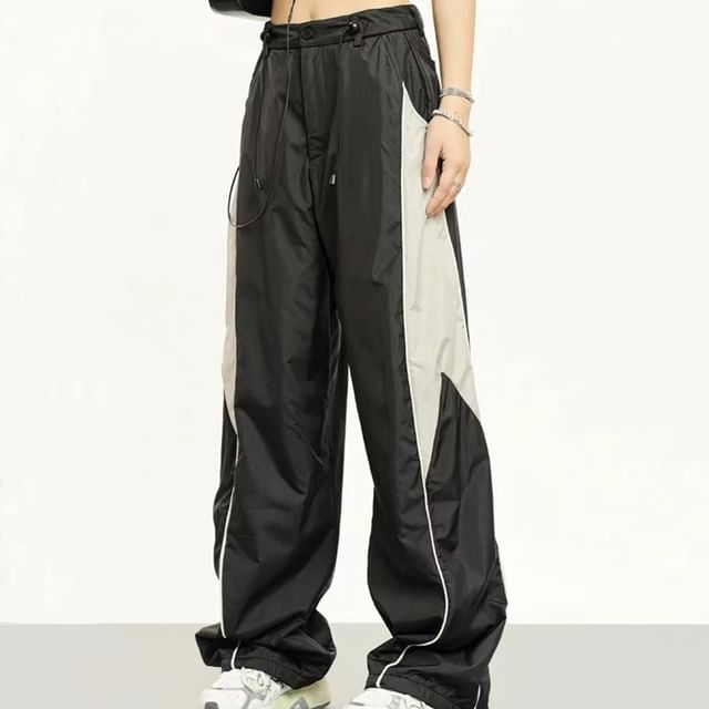 High Waist Color-Block Loose-Fit Wide-Leg Sweatpants