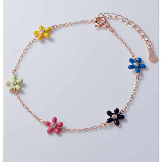 925 Sterling Silver Enamel Rhinestone Flower Bracelet