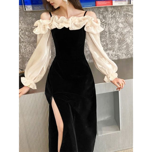 Long-Sleeve Cold Shoulder Two Tone A-Line Evening Gown