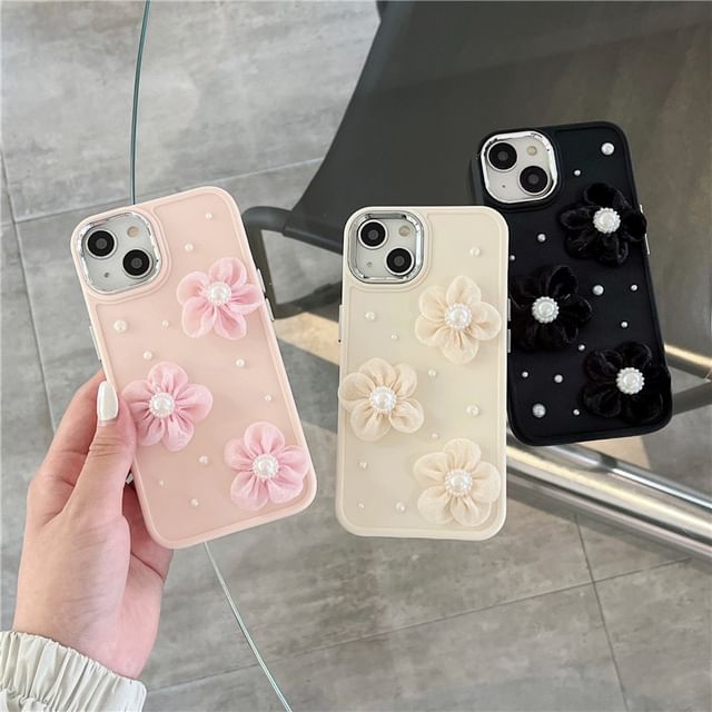 Floral Lace Faux Pearl Phone Case - iPhone 15 Pro Max / 15 Pro / 15 Plus / 15 / 14 Pro Max / 14 Pro / 14 Plus / 14 / 13 Pro Max / 13 Pro / 13 / 13 mini / 12 Pro Max / 12 Pro / 12 / 12 mini / 11 Pro Max / 11 Pro / 11 / SE / XS Max / XS / XR / X