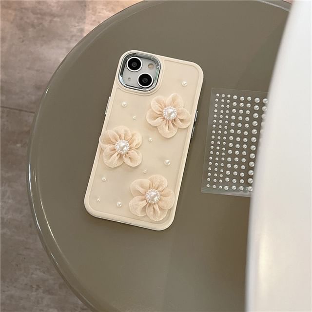 Faux Case Floral Phone Pearl Lace