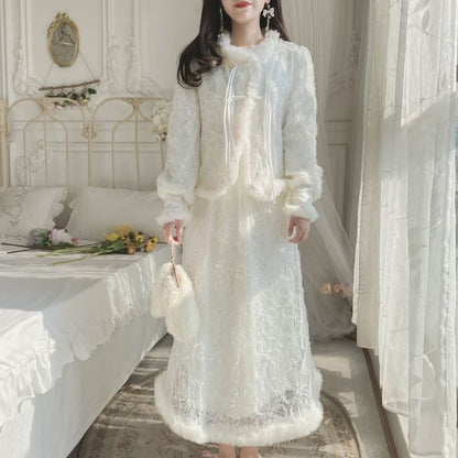 Set: Round Neck Plain Sequin Fluffy Trim Lace Overlay Frog Closure Jacket + High Waist Midi A-Line Skirt