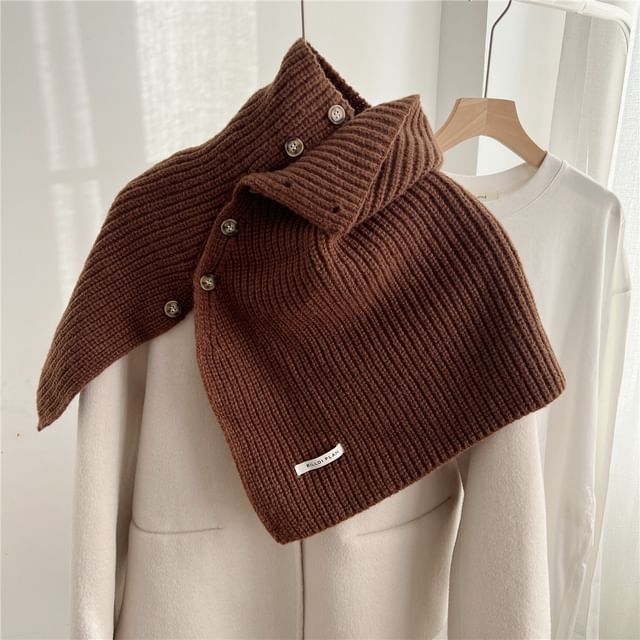 Turtleneck Plain Buttoned Knit Shawl