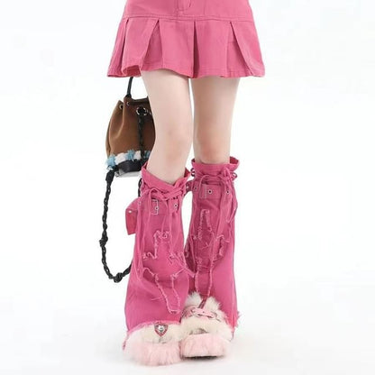 Applique Fringed Trim Buckled Denim Leg Warmers