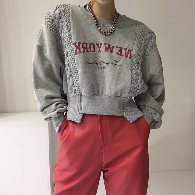 Crew Neck Lettering Asymmetrical Knit Panel Sweatshirt