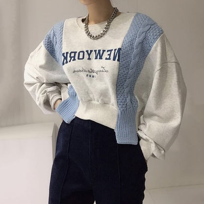 Crew Neck Lettering Asymmetrical Knit Panel Sweatshirt