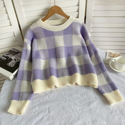 Long-Sleeve Crew Neck Gingham Sweater