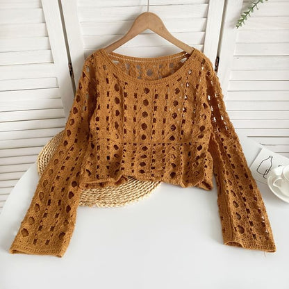 Long-Sleeve Crew Neck Crochet Lace Top