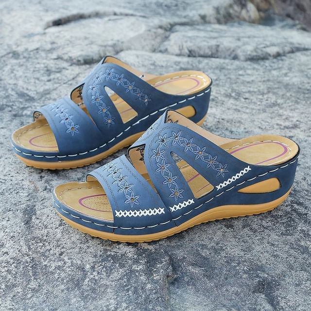 Wedge Embroidered Platform Flower Sandals Slide