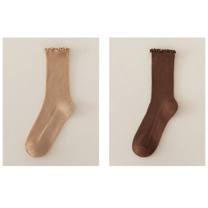 Set of 2 Paris: Plain Ribbed Ruffle Trim Socks