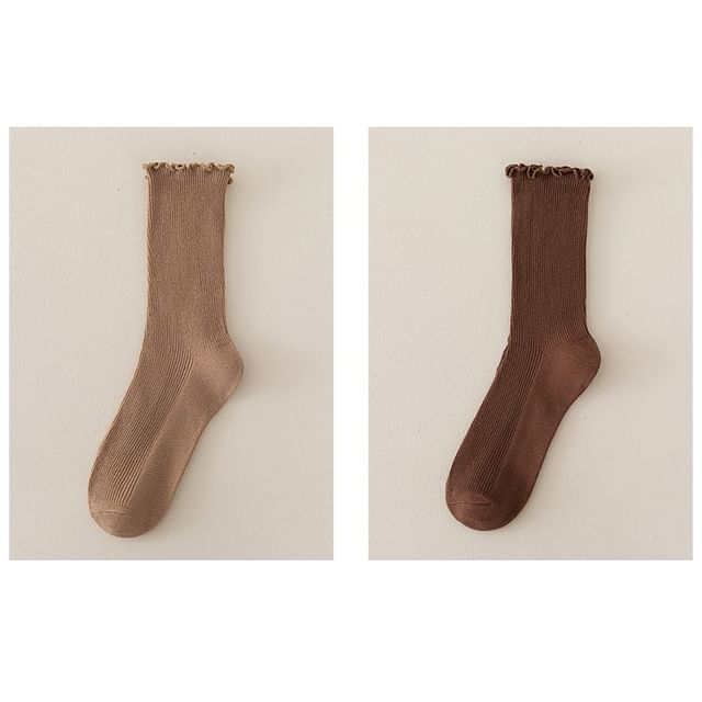 Set of 2 Paris: Plain Ribbed Ruffle Trim Socks