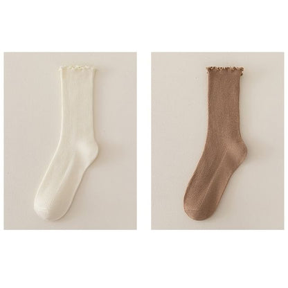 Set of 2 Paris: Plain Ribbed Ruffle Trim Socks