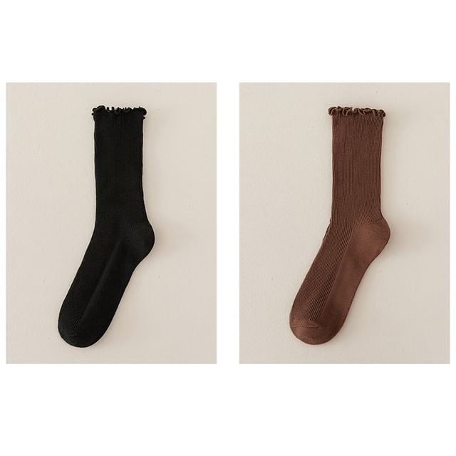 Set of 2 Paris: Plain Ribbed Ruffle Trim Socks