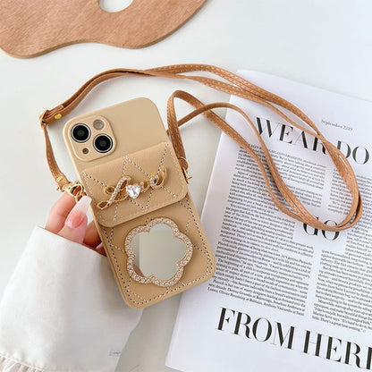 Lettering Mirror Lanyard Phone Case with Card Holder