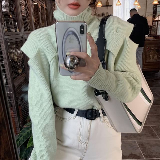 Cold-Shoulder Sweater Turtleneck Loose-Fit Plain