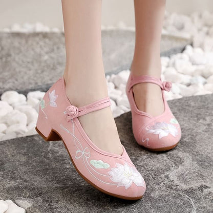 Block Embroidered Jane Mary Flower Heel Pumps