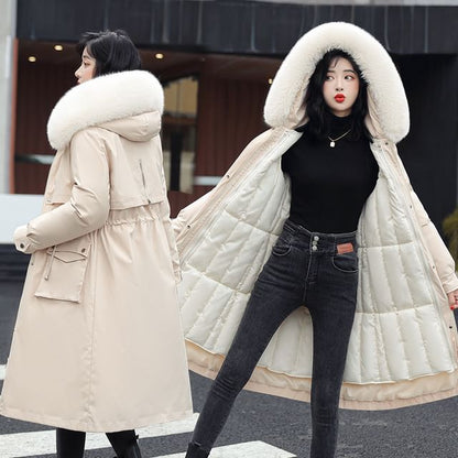 Plain Fluffy Trim Drawstring Midi Parka