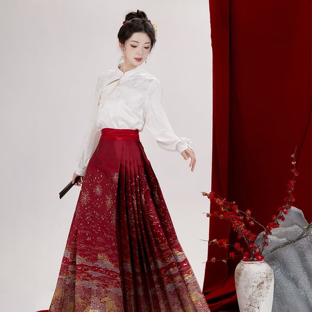 Puff-Sleeve Floral Jacquard Hanfu Top / High Waist Printed Pleated Midi Ma Mian Skirt / Set