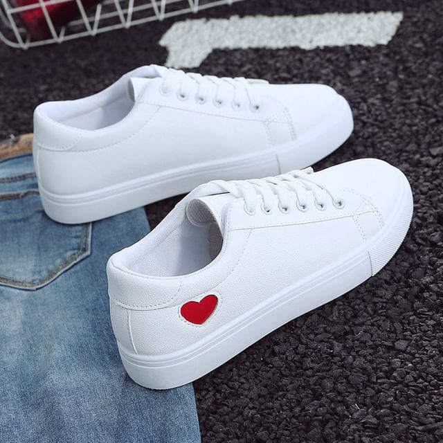 Platform Heart Print Faux Leather Lace-Up Sneakers