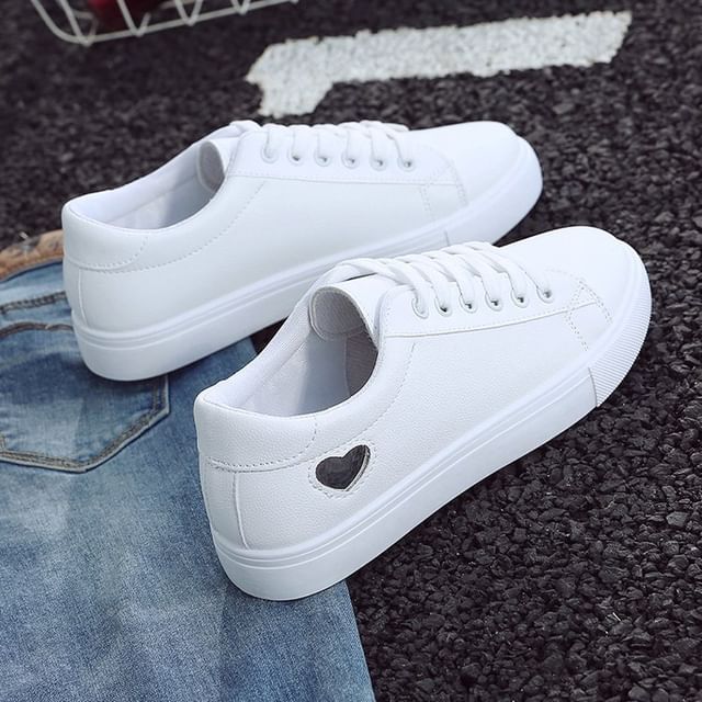 Platform Heart Print Faux Leather Lace-Up Sneakers