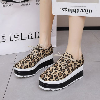 Platform Shoes Lace-Up Leopard Print