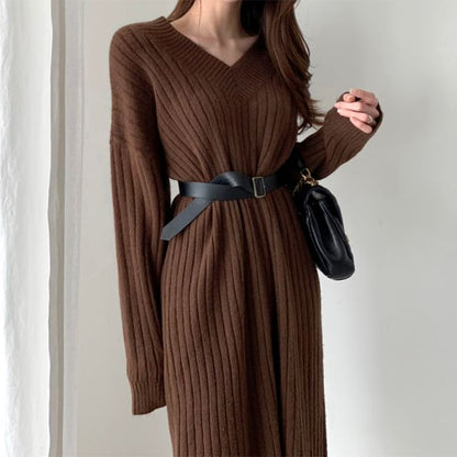 Long-Sleeve V-Neck Plain Ribbed Midi Sweater Dress