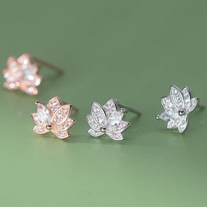 925 Sterling Silver Rhinestone Lotus Stud Earring