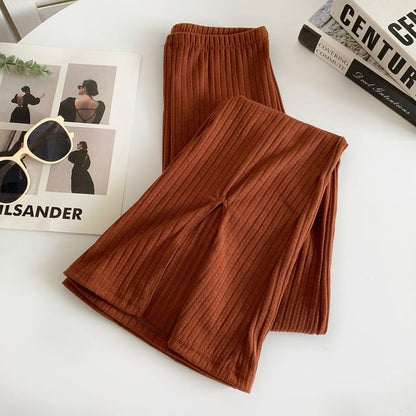 Elastic Waist Plain Slit Ribbed Flared Pants