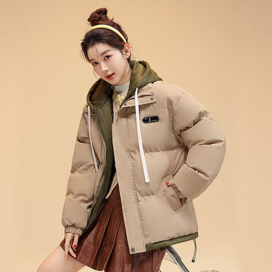 Mock Two-Piece Two-Tone Padded Hooded Drawstring Zip Jacket