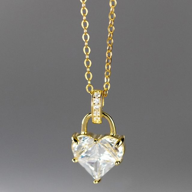 Heart Lock Rhinestone Pendant Sterling Silver Necklace