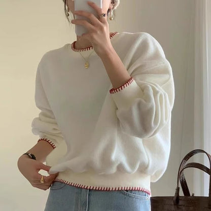 Crew Neck Plain Contrast Stitching Sweater